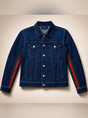 Gucci Web Stripe Dark Wash Denim Jacket IT 52 US 16 NWT